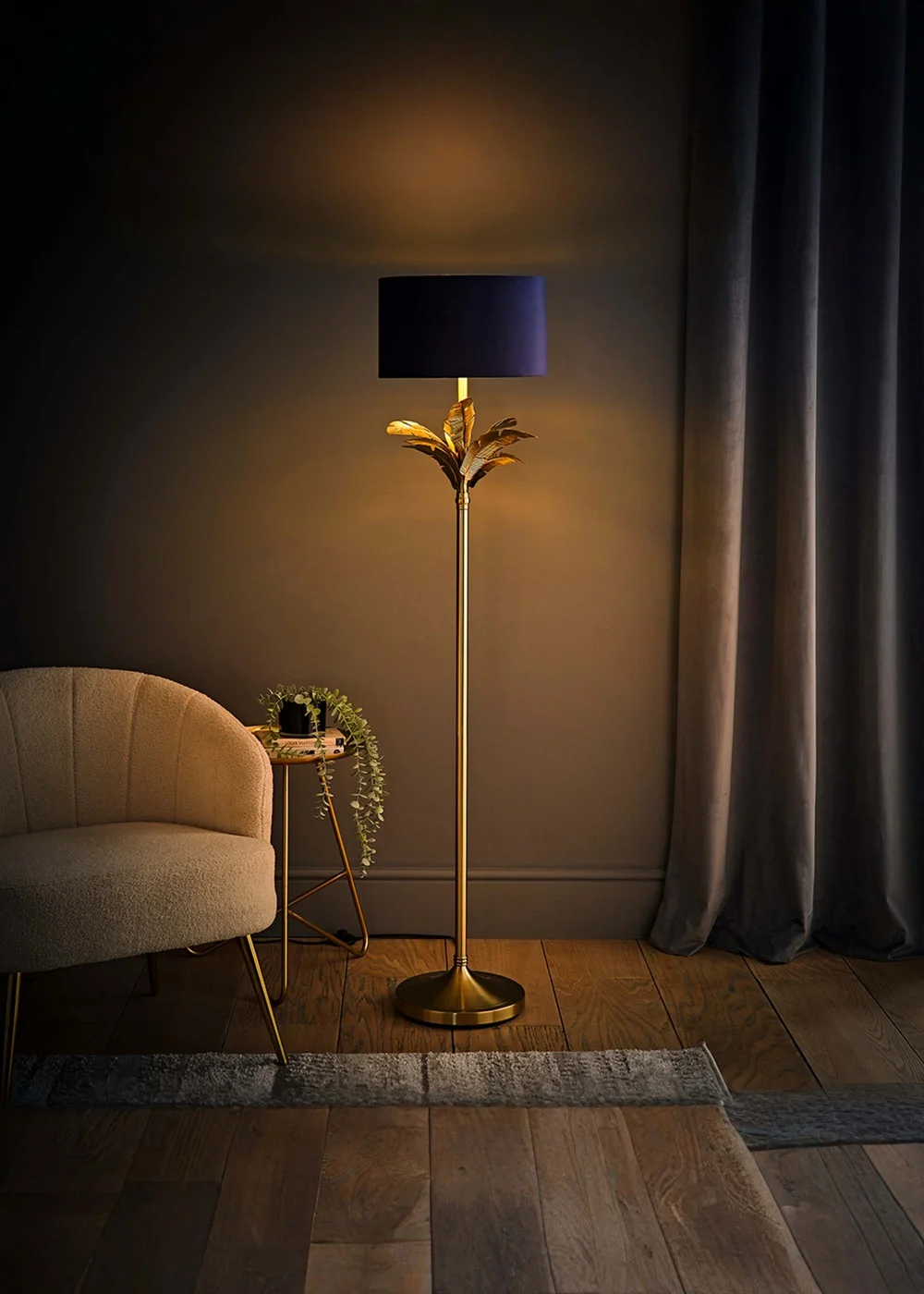 ValueLights Christina Gold Palm Leaf Floor Lamp Navy Velvet Lampshade - One Size Image 2