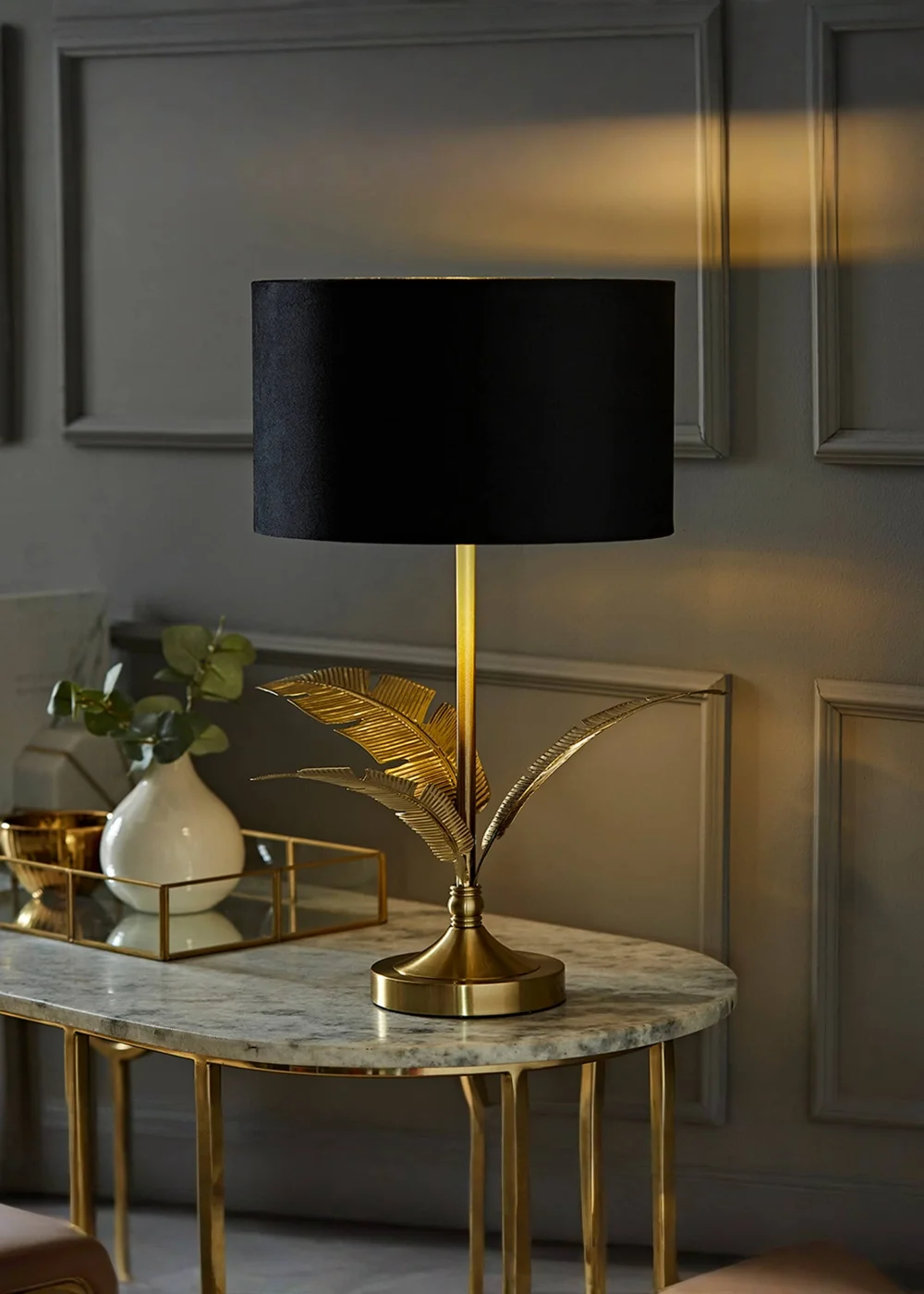 ValueLights Christina Gold Palm Leaf Table Lamp Black Velvet Lampshade - One Size Image 1