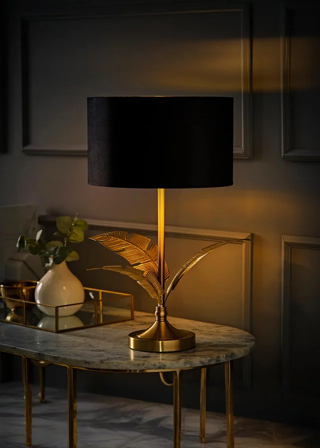 ValueLights Christina Gold Palm Leaf Table Lamp Black Velvet Lampshade