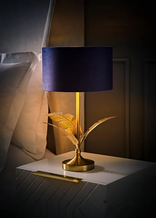 ValueLights Christina Gold Palm Leaf Table Lamp Navy Velvet Lampshade - One Size Image 2