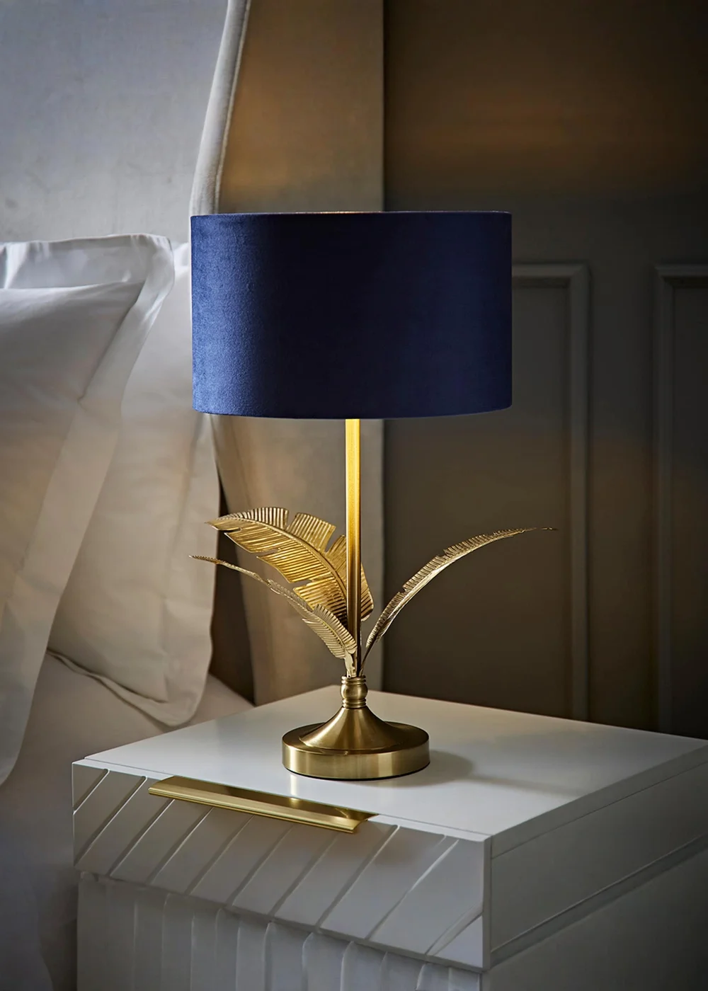 ValueLights Christina Gold Palm Leaf Table Lamp Navy Velvet Lampshade - One Size Image 1