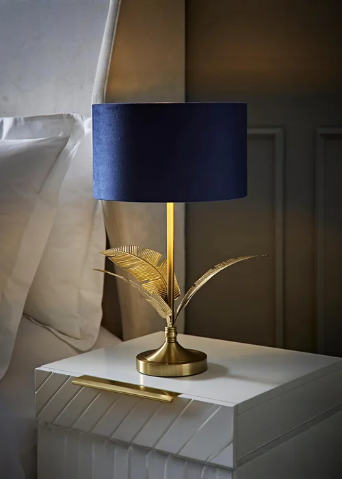 ValueLights Christina Gold Palm Leaf Table Lamp Navy Velvet Lampshade - One Size Image 1