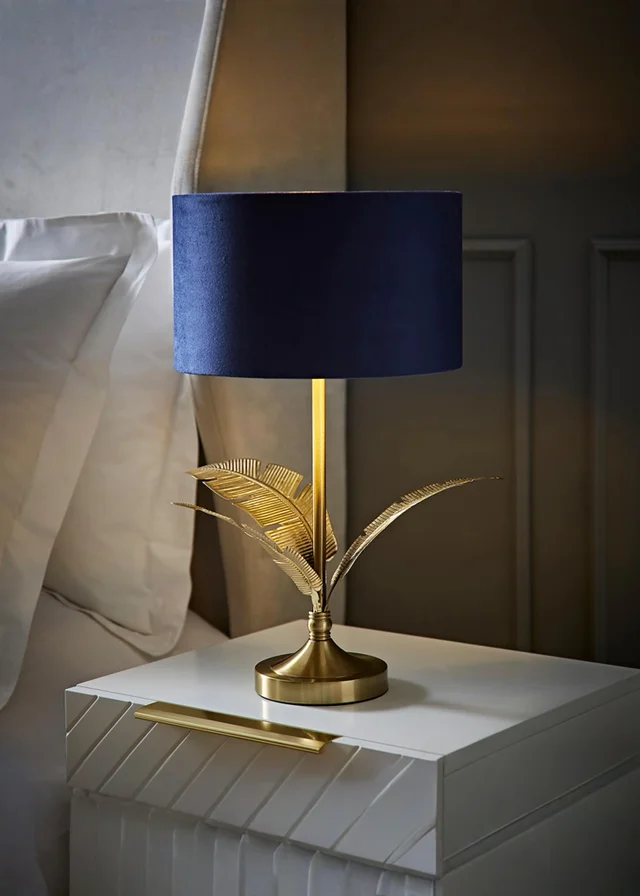 ValueLights Christina Gold Palm Leaf Table Lamp Navy Velvet Lampshade