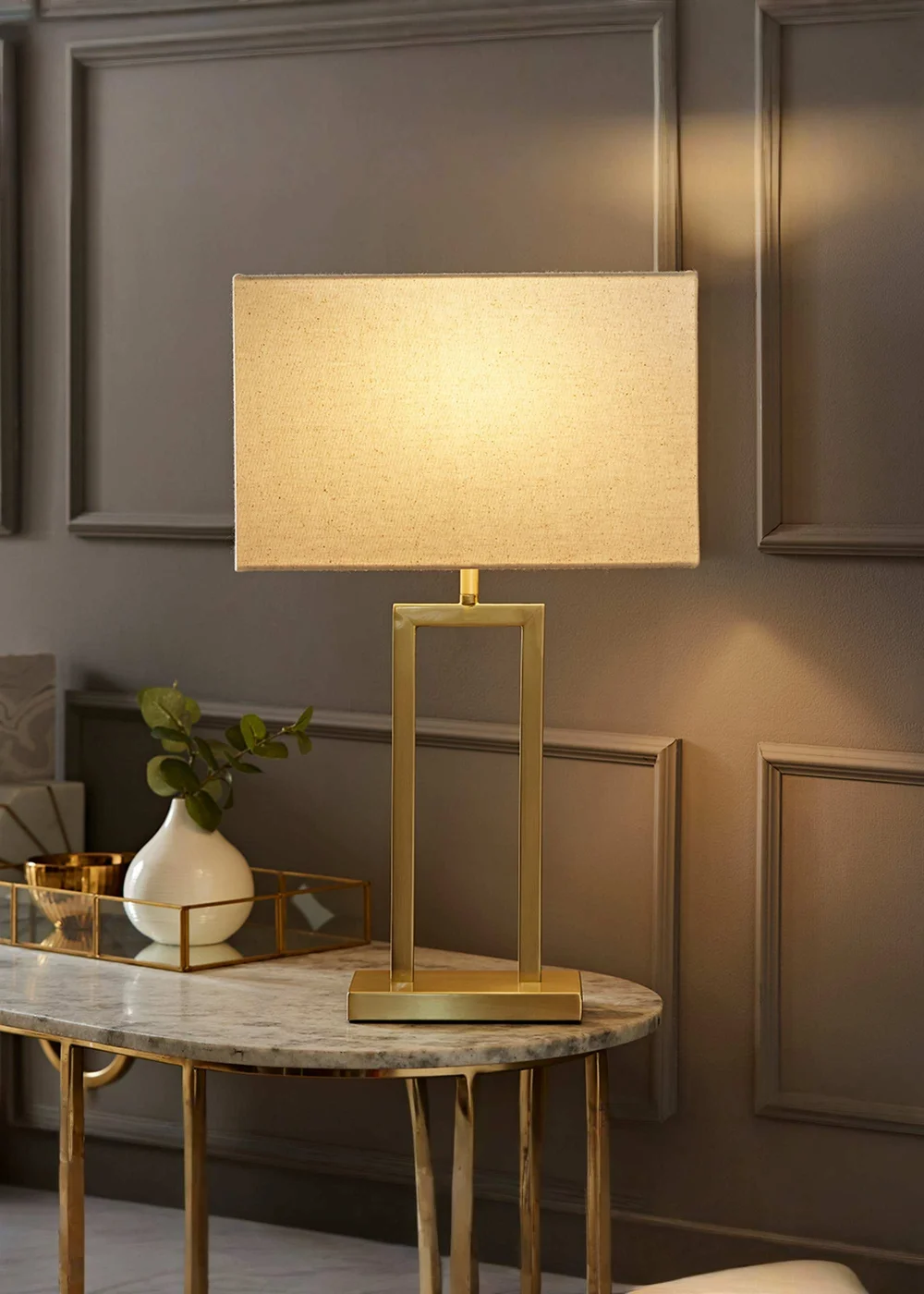 ValueLights Gloria Gold Double Stem Table Lamp with Rectangular Lampshade - One Size Image 1