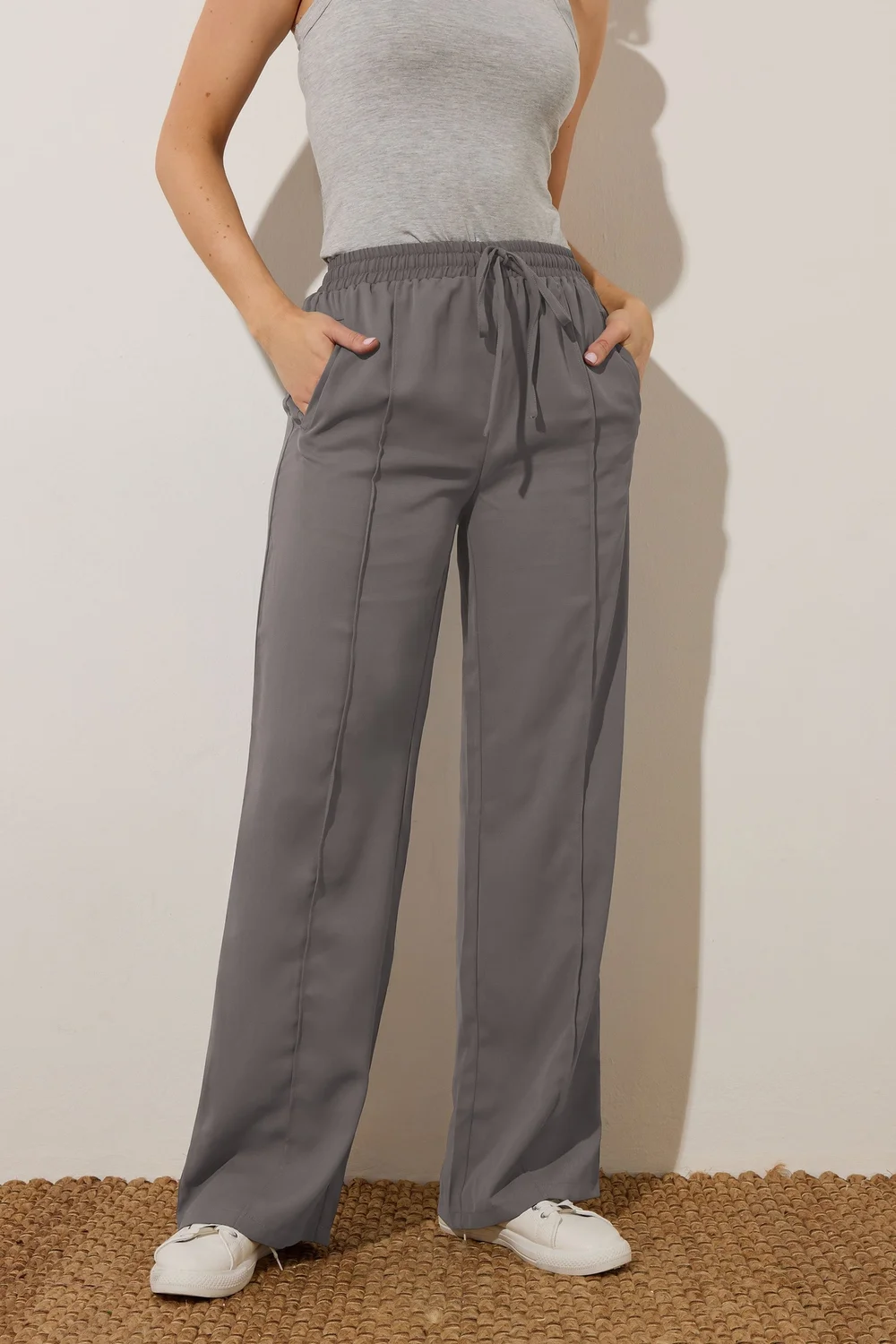 Long Tall Sally Grey Tie Waistband Wide Leg Trousers - Size 16, Leg 36 Image 2