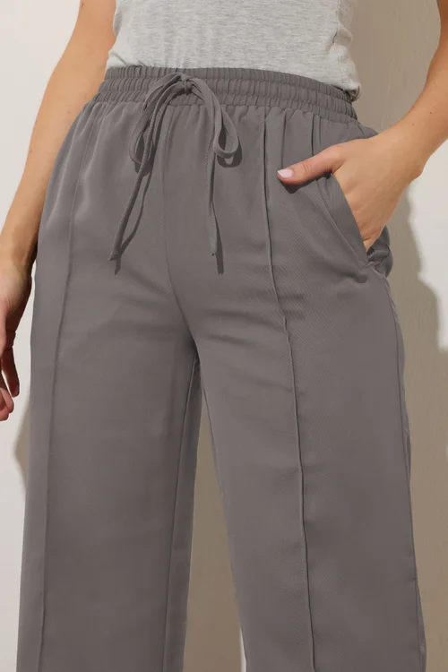 Long Tall Sally Grey Tie Waistband Wide Leg Trousers - Size 16, Leg 36 Image 4