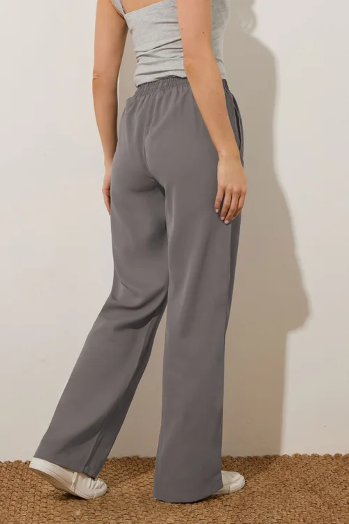 Long Tall Sally Grey Tie Waistband Wide Leg Trousers - Size 16, Leg 36 Image 3