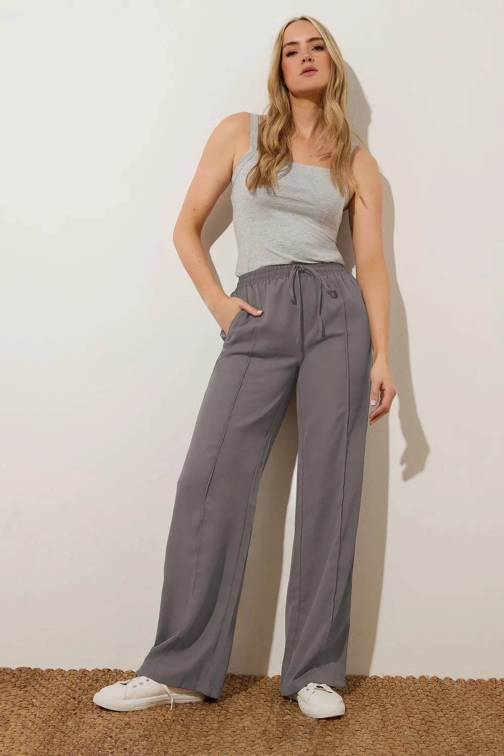 Long Tall Sally Grey Tie Waistband Wide Leg Trousers - Size 16, Leg 36 Image 1