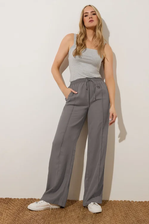 Long Tall Sally Grey Tie Waistband Wide Leg Trousers - Size 16, Leg 36 Image 1