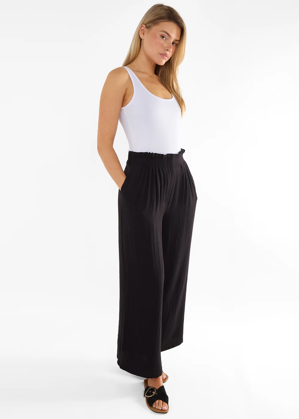Gini London Black Paperbag Waist Wide Leg Trousers - 10 Image 4