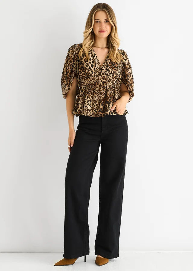 Gini London Brown Animal Print V Neck Peplum Blouse