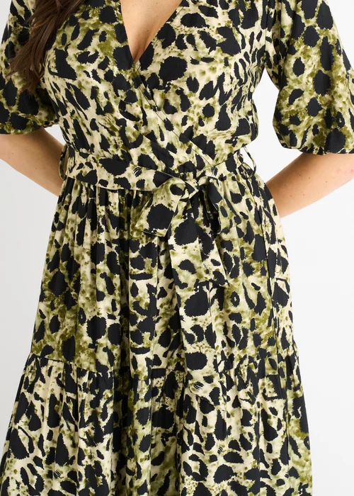 Gini London Green Animal Print Wrap Skater Midi Dress - M/L Image 3