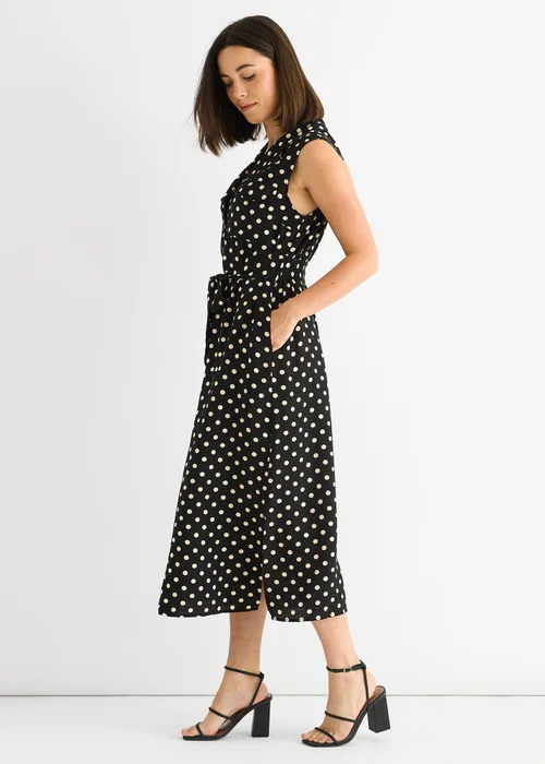 Gini London Black Viscose Spot Print Belted Shirt Midi Dress - M/L Image 4