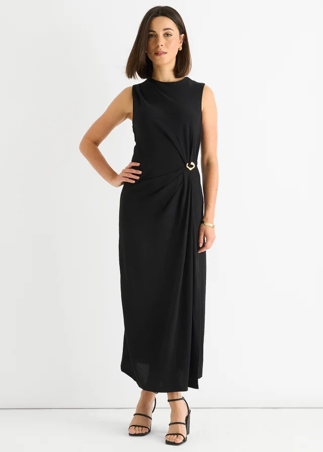 Gini London Black Waist Ruched Metal Trim Sleeveless Midi Dress