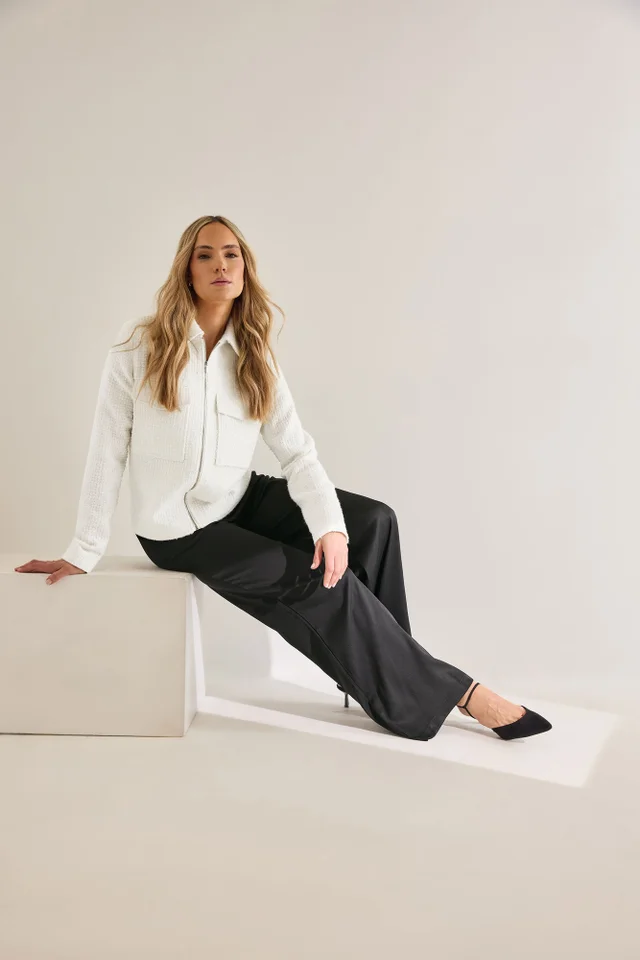 LTS Tall Ivory White Boucle Zip Bomber Jacket