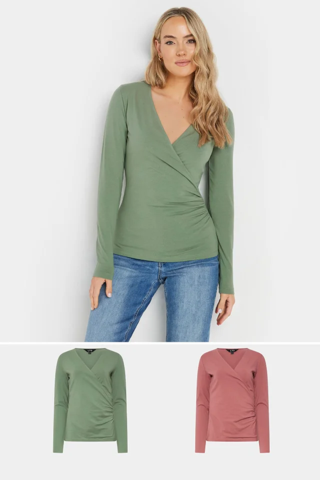 Long Tall Sally 2 Pack Sage Green & Pink Wrap Tops