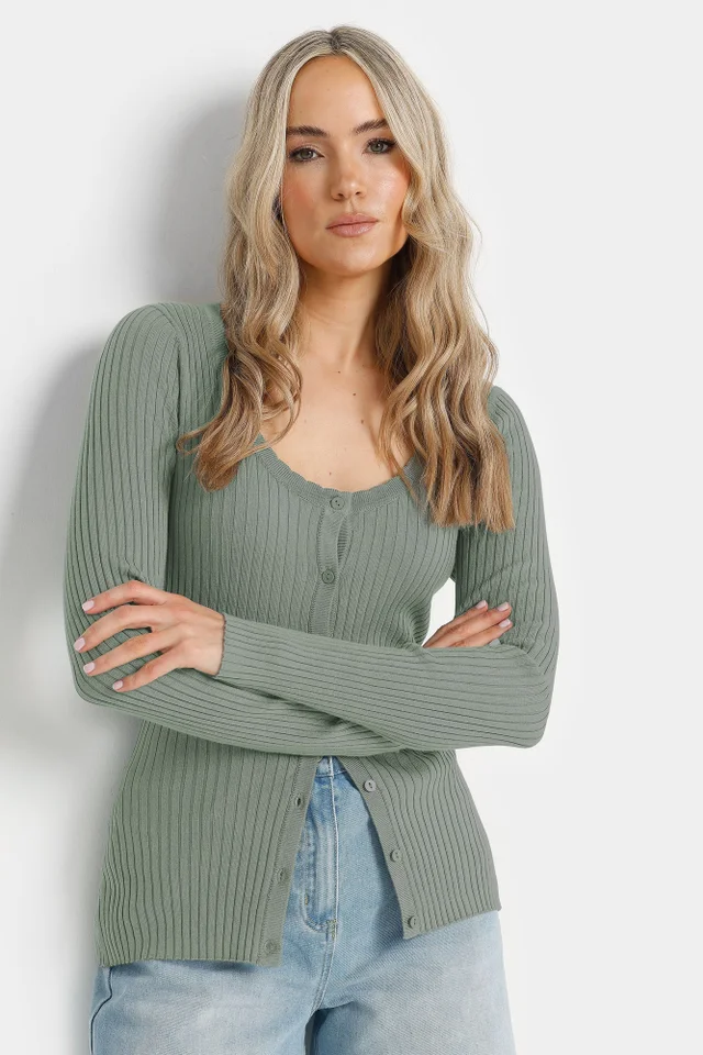 Long Tall Sally Sage Green Ribbed Scalloped Hemline Cardigan