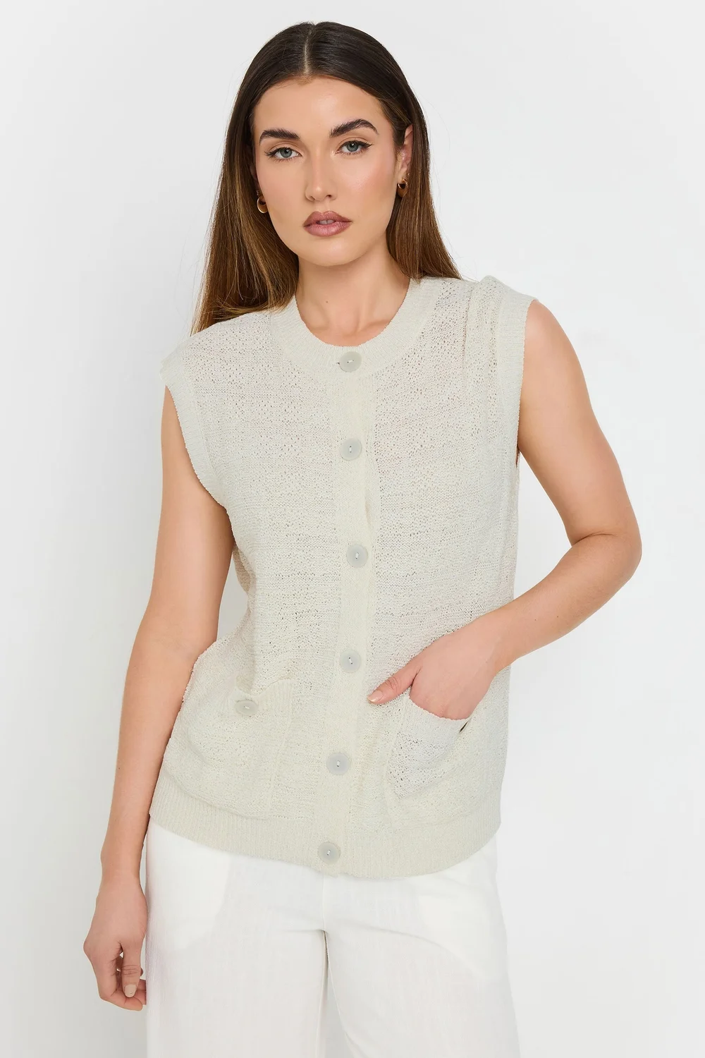 Long Tall Sally Ivory White Knitted Metallic Button Vest Top - Size 10-12 Image 2