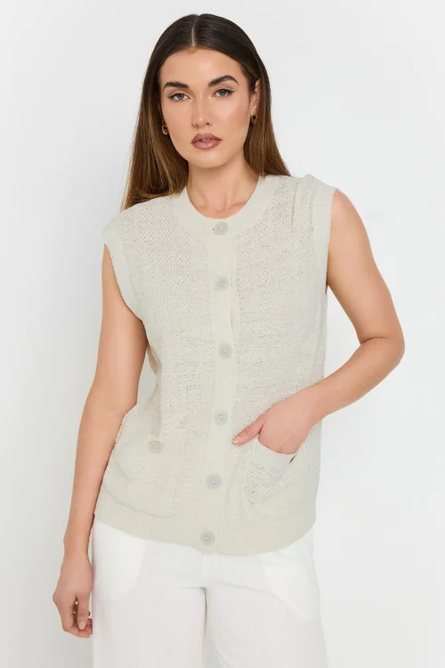 Long Tall Sally Ivory White Knitted Metallic Button Vest Top - Size 10-12 Image 2