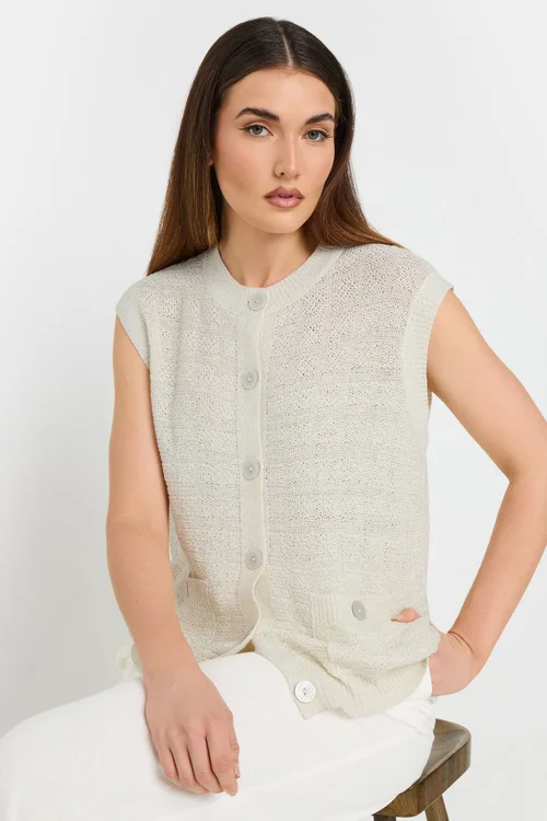 Long Tall Sally Ivory White Knitted Metallic Button Vest Top - Size 10-12 Image 1