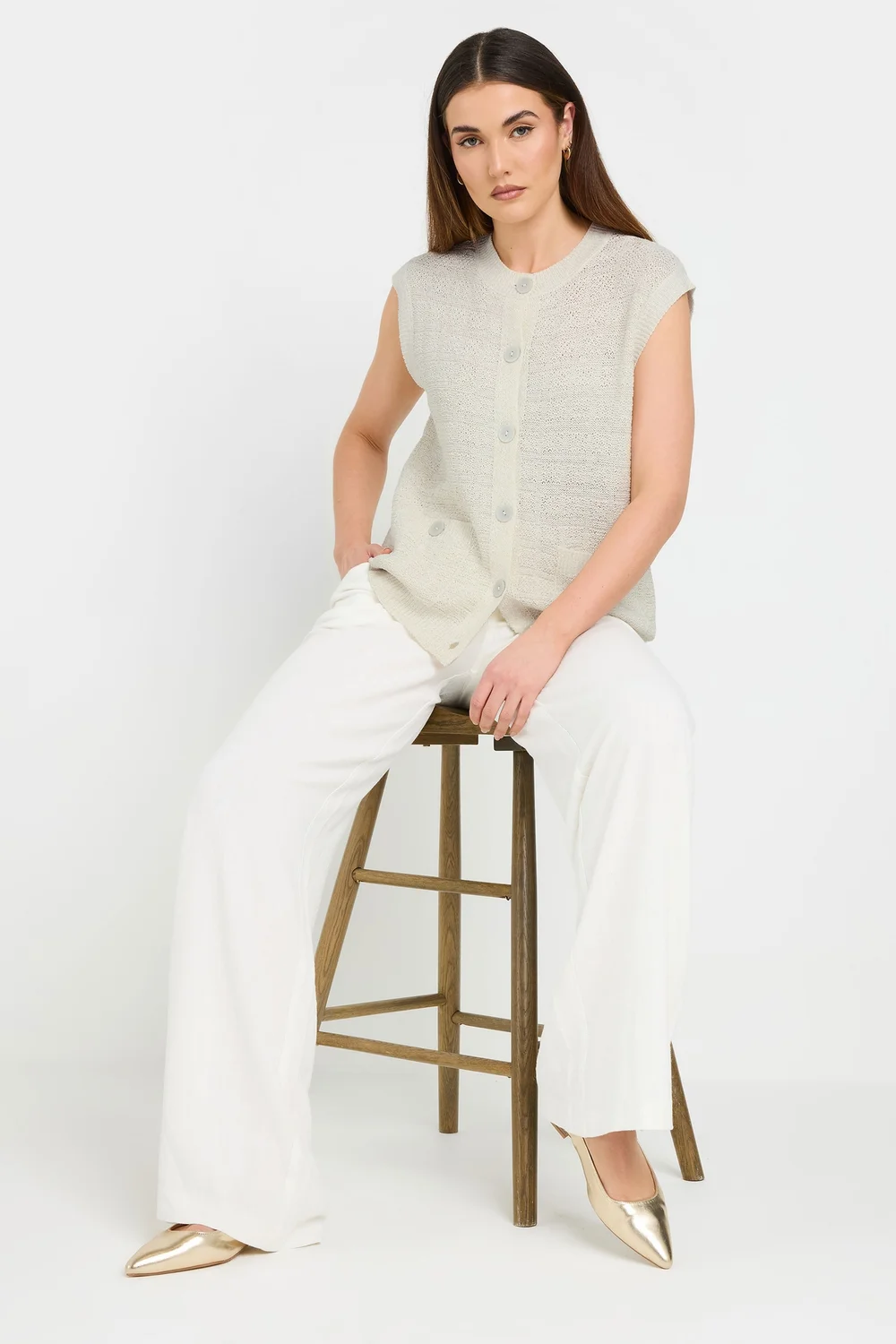 Long Tall Sally Ivory White Knitted Metallic Button Vest Top - Size 10-12 Image 3