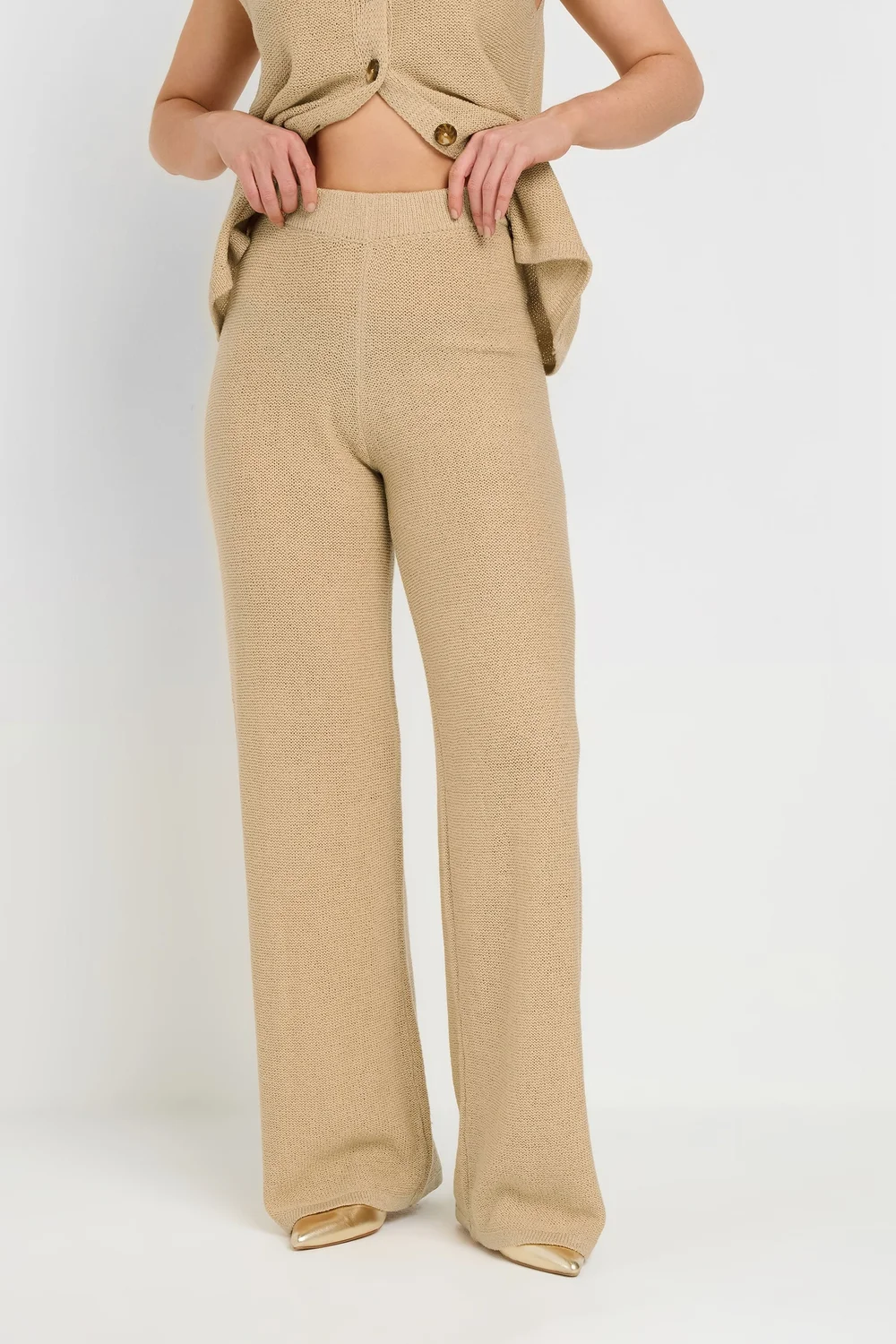 Long Tall Sally Natural Brown Knitted Wide Leg Trouser - Size 14 Image 3
