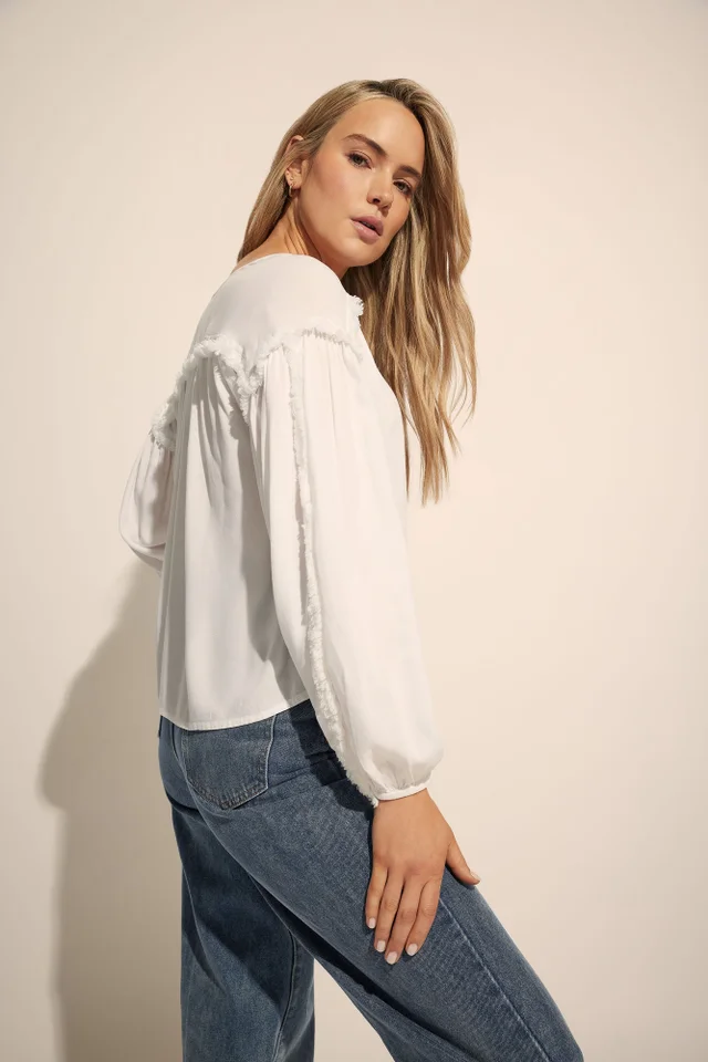 LTS Tall Ivory White Fringed Seam Tie Neck Blouse