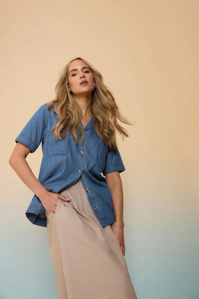 Long Tall Sally Blue Denim Pocket Collar Shirt