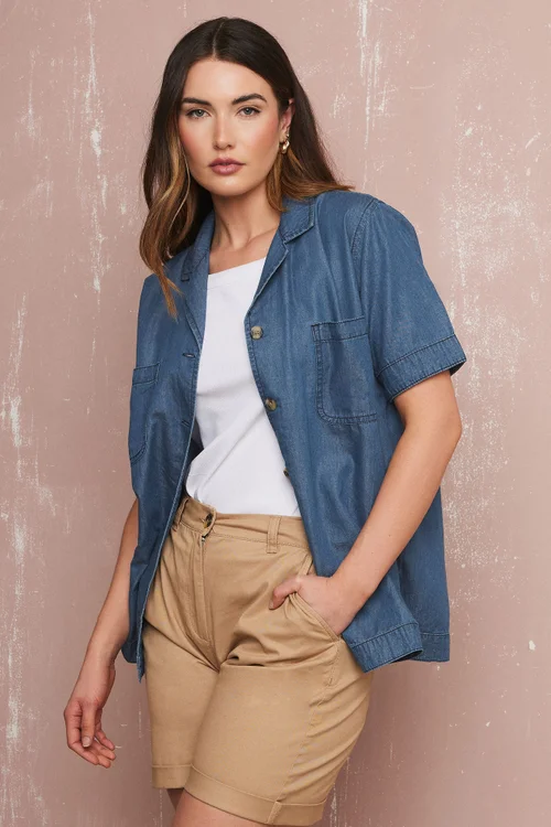 Long Tall Sally Blue Denim Pocket Collar Shirt - Size 10 Image 2