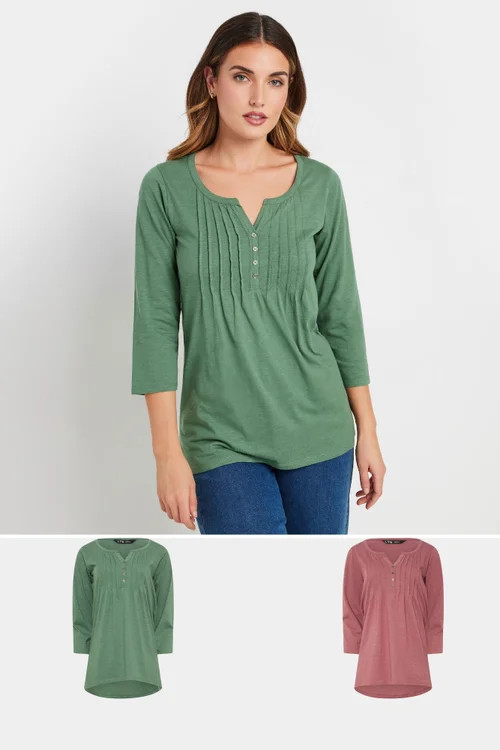 Long Tall Sally 2 Pack Green & Blush Pink Henley Tops - Size 12 Image 1