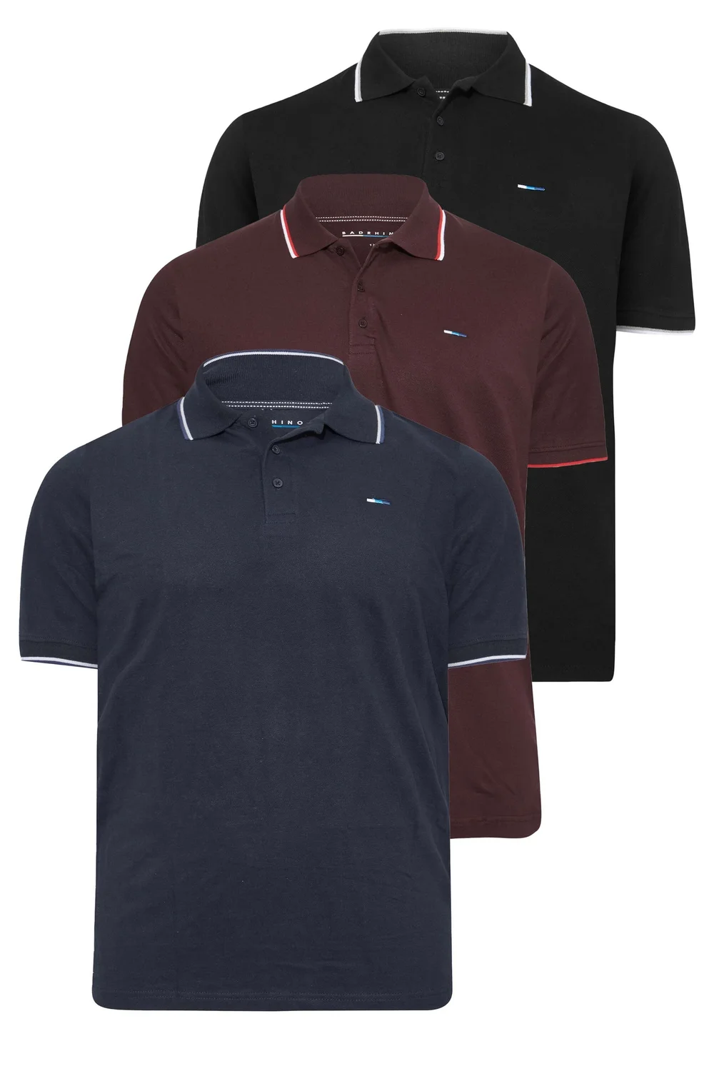BadRhino Big & Tall Navy Blue/Black/Burgundy Red 3 Pack Tipped Polo Shirts - 7/8 XL Image 2