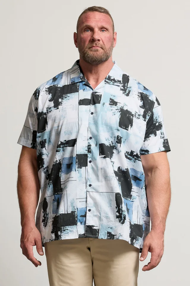 BadRhino Black & Blue Distressed Short Sleeve Revere Collar Shirt
