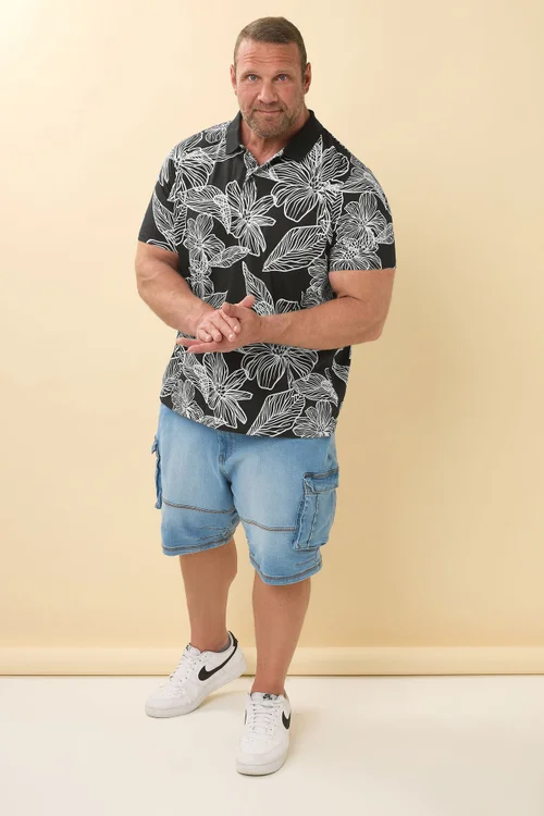 BadRhino Black Leaf Print Polo Shirt - Extra Large Image 2