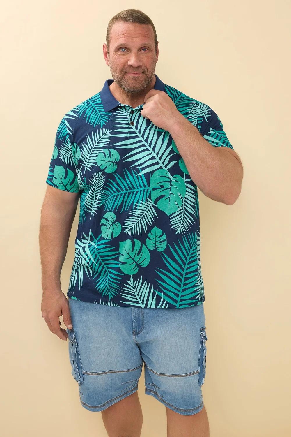 BadRhino Navy Blue Leaf Print Polo Shirt - 7/8 XL Image 2