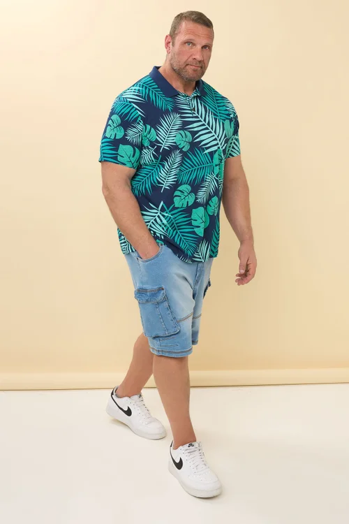 BadRhino Navy Blue Leaf Print Polo Shirt - 7/8 XL Image 3