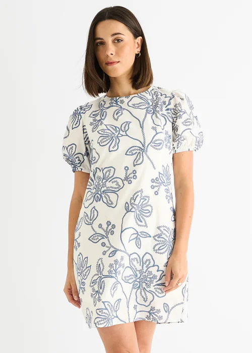 Gini London White Blue Floral Embroidered Mini Dress - 10 Image 3