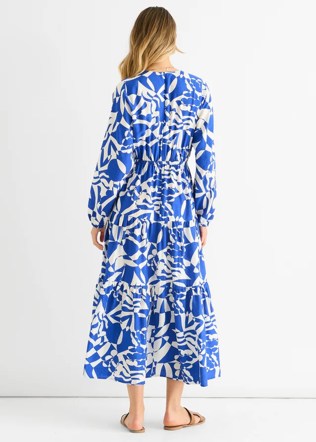 Gini London Blue Abstract Wrap Elasticated Waist Midaxi Dress