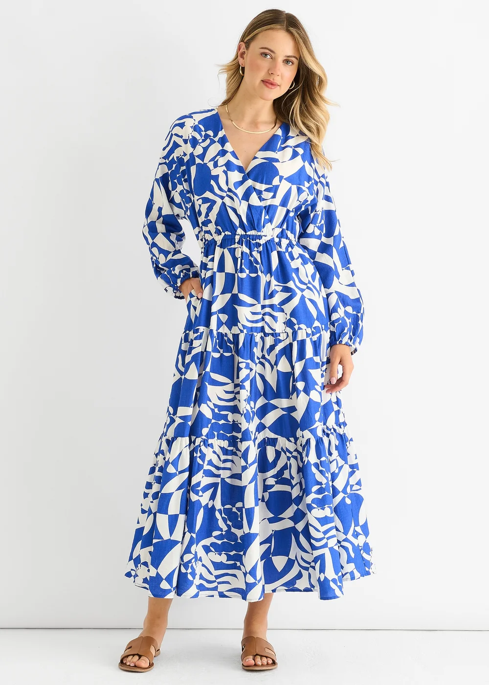 Gini London Blue Abstract Wrap Elasticated Waist Midaxi Dress - L/XL Image 1