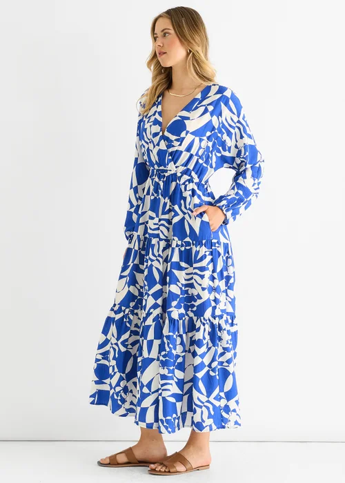 Gini London Blue Abstract Wrap Elasticated Waist Midaxi Dress - L/XL Image 4