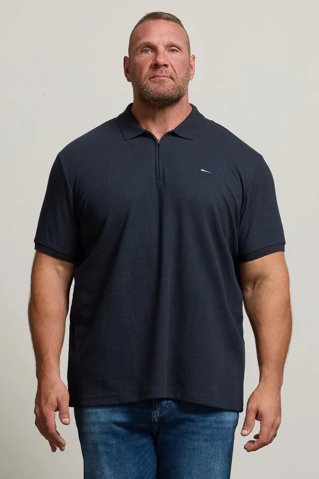 BadRhino Navy Blue Waffle Texture Zip Polo Shirt