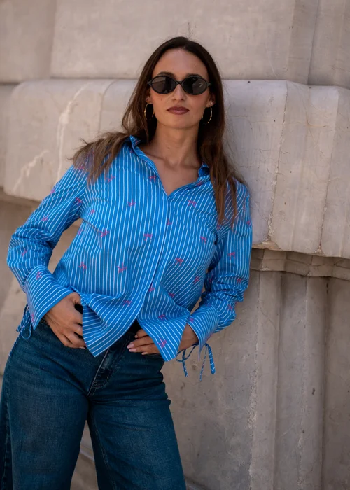 Gini London Blue Bow Embroidered Extreme Cuff Stripe Shirt - 14 Image 1