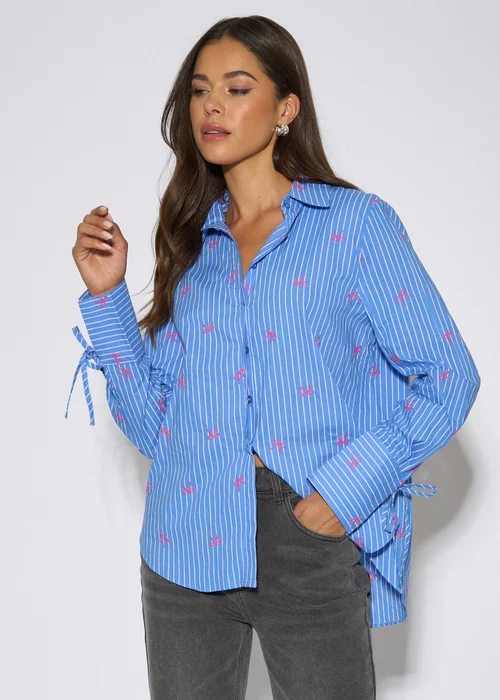 Gini London Blue Bow Embroidered Extreme Cuff Stripe Shirt - 14 Image 4