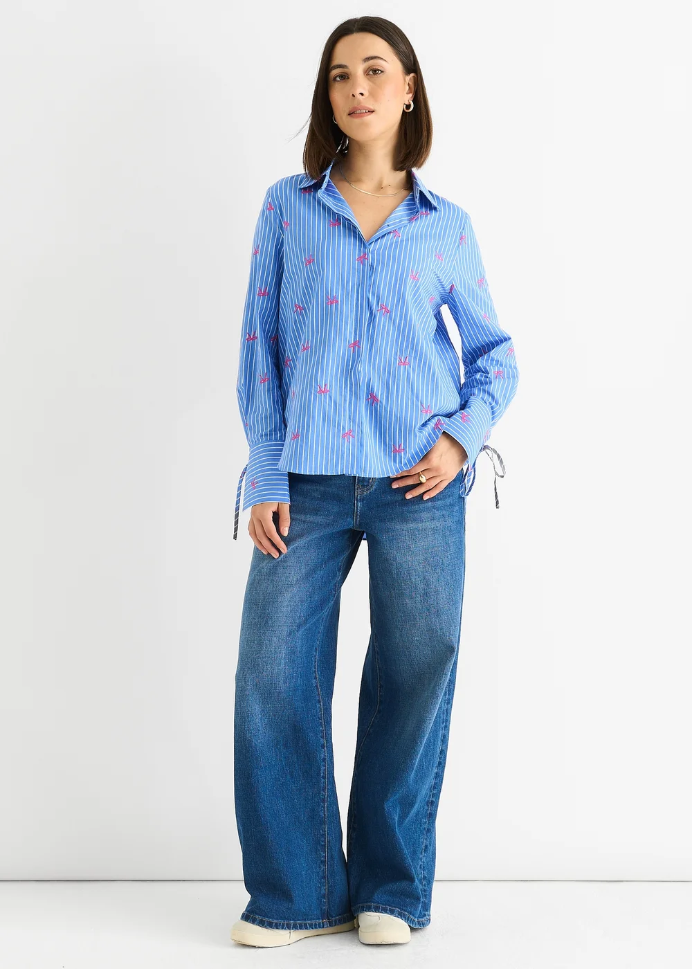 Gini London Blue Bow Embroidered Extreme Cuff Stripe Shirt - 14 Image 2