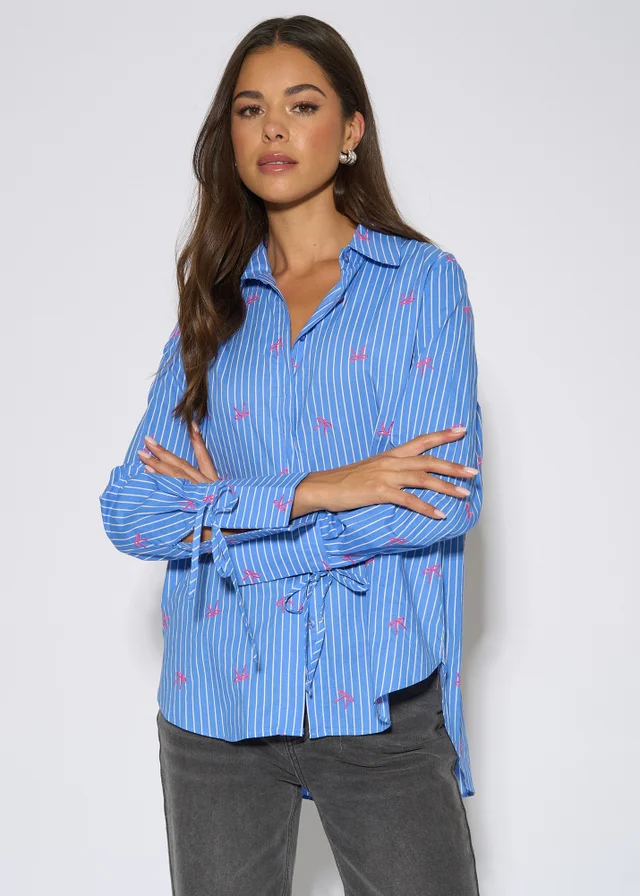 Gini London Blue Bow Embroidered Extreme Cuff Stripe Shirt