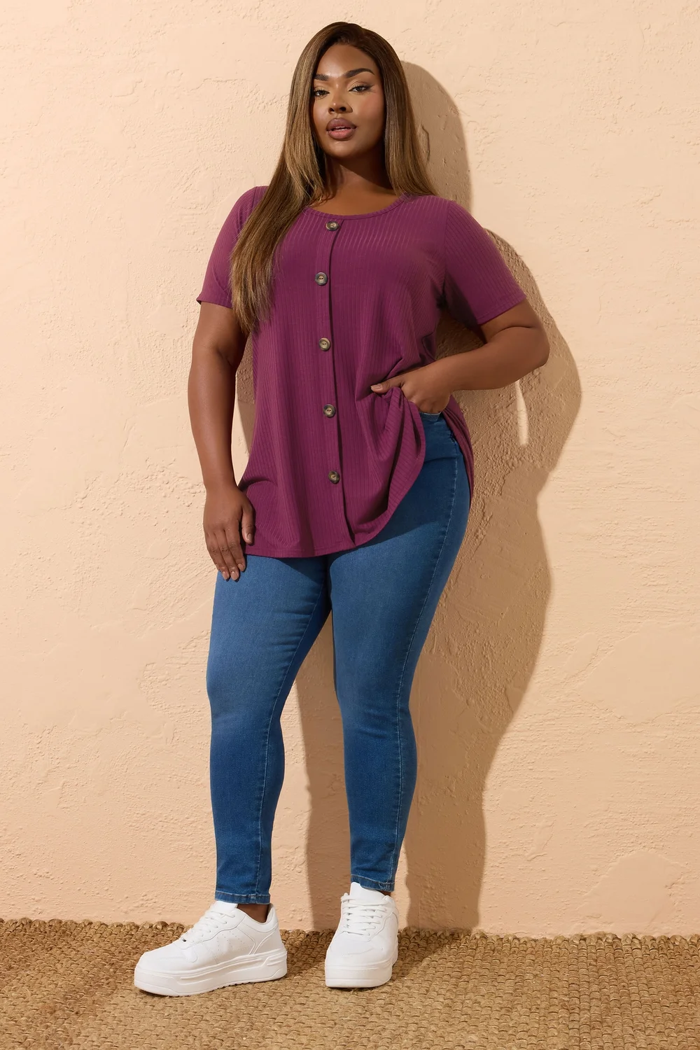 Yours Curve Purple Button Front Ribbed Swing Top - Size 22-24 Image 2