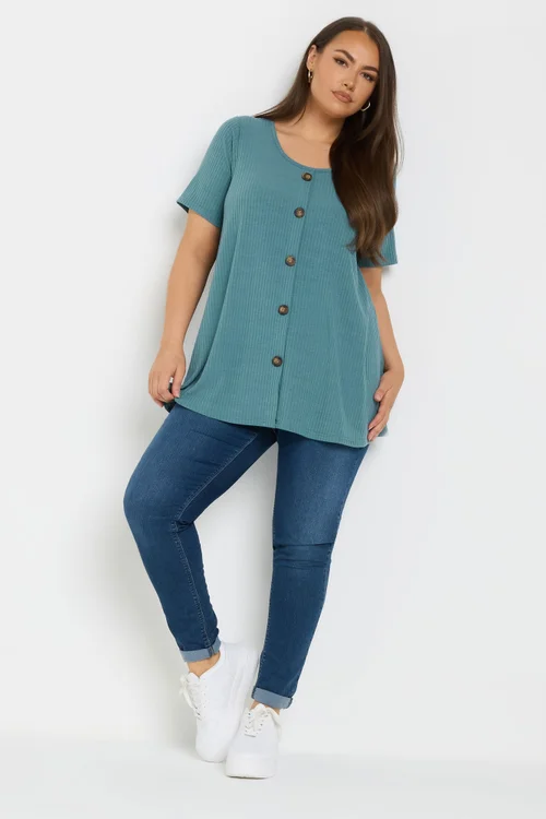 Yours Curve Teal Blue Button Front Ribbed Swing Top - Size 22-24 Image 2
