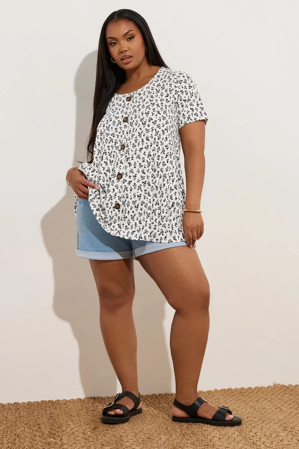 Yours Curve White Ditsy Floral Ribbed Swing T-Shirt - Size 22-24 Image 3