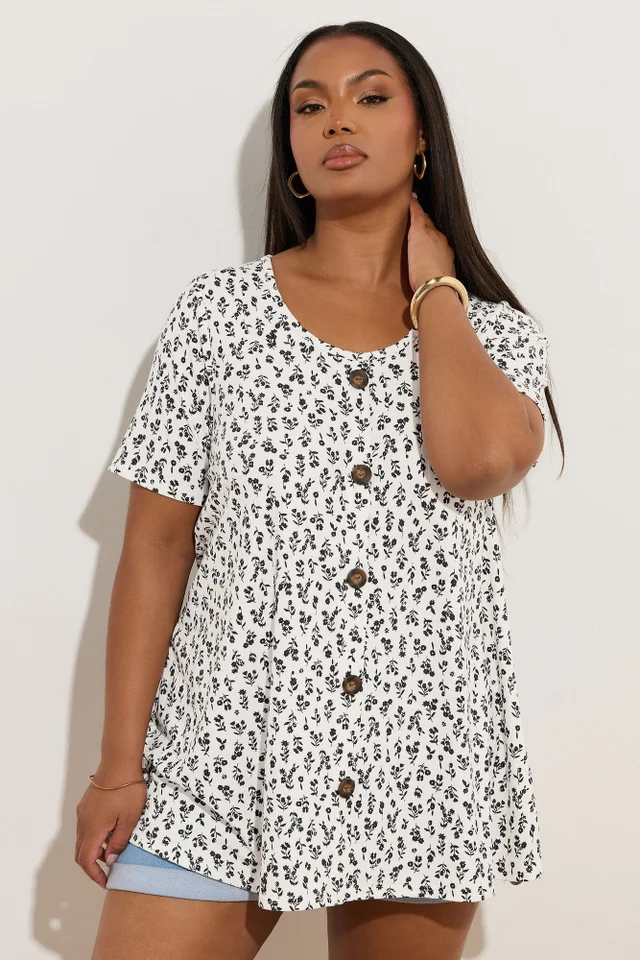 Yours Curve White Ditsy Floral Ribbed Swing T-Shirt