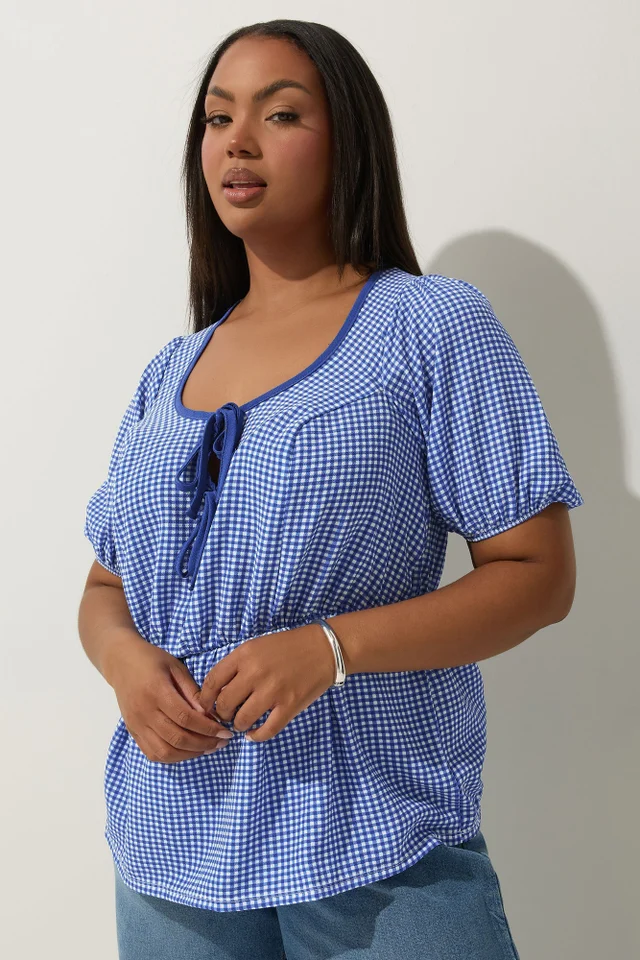 LIMITED COLLECTION Curve Cobalt Blue Gingham Bow Tie Front Top