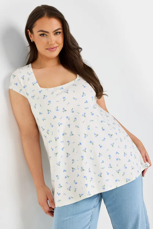 Yours Curve White Floral Square Neck Heavyweight Top - Size 30-32 Image 1
